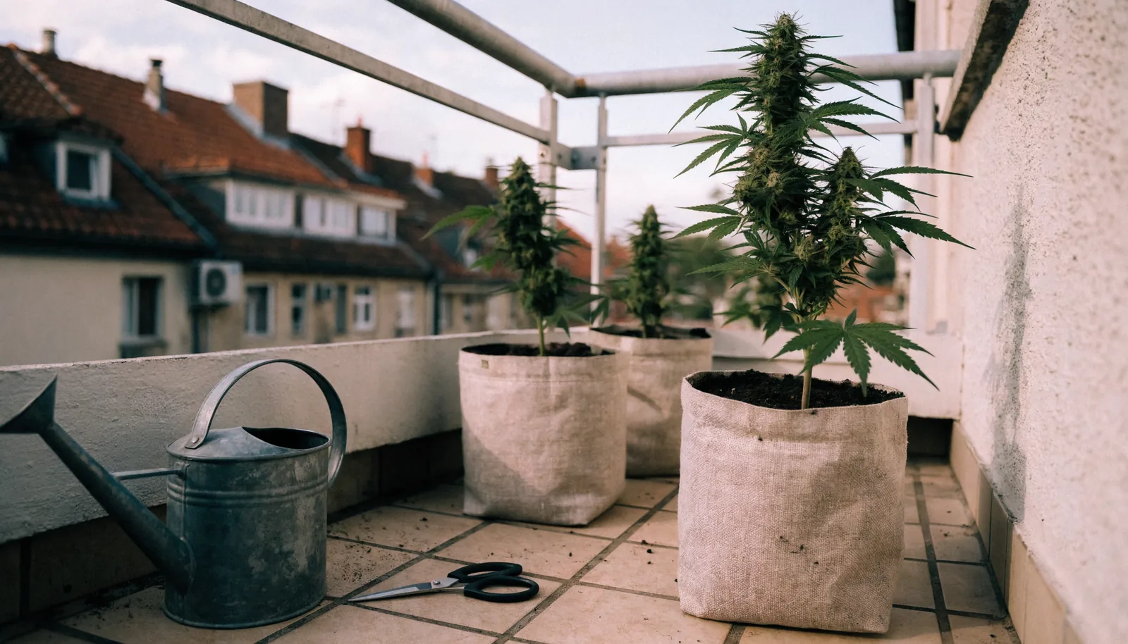 Tre kompakte cannabisplanter i stofpotter på en europæisk lejlighedsaltan
