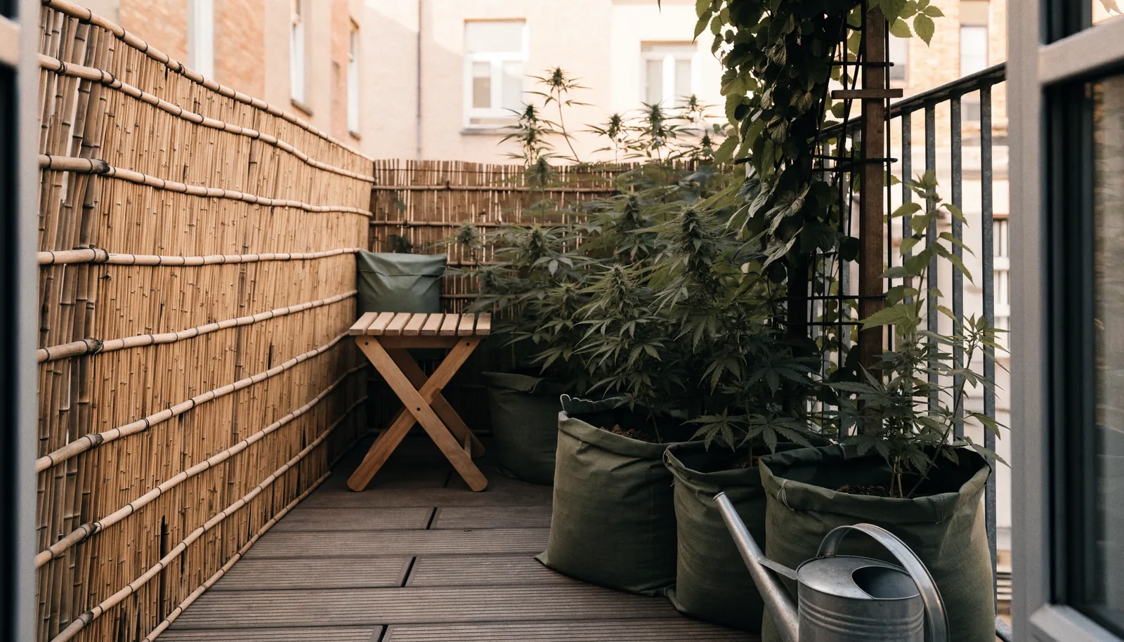 Bambusskærmning der skjuler cannabisplanter i stofpotter på en smal altan