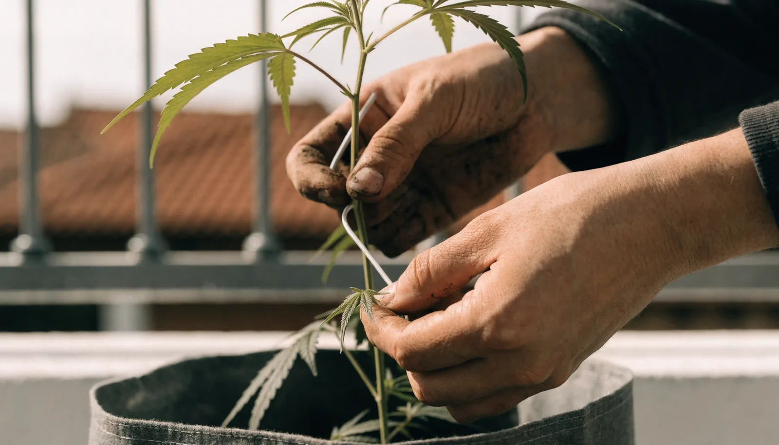 Hænder der binder en cannabisgren ned med plantetråd ved brug af low-stress training på en altan