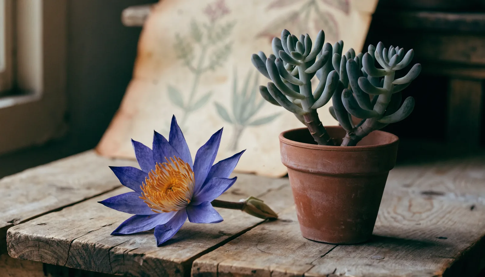 Tørret blue lotus-blomst (Nymphaea caerulea) ved siden af en levende kanna-sukkulent (Sceletium tortuosum)