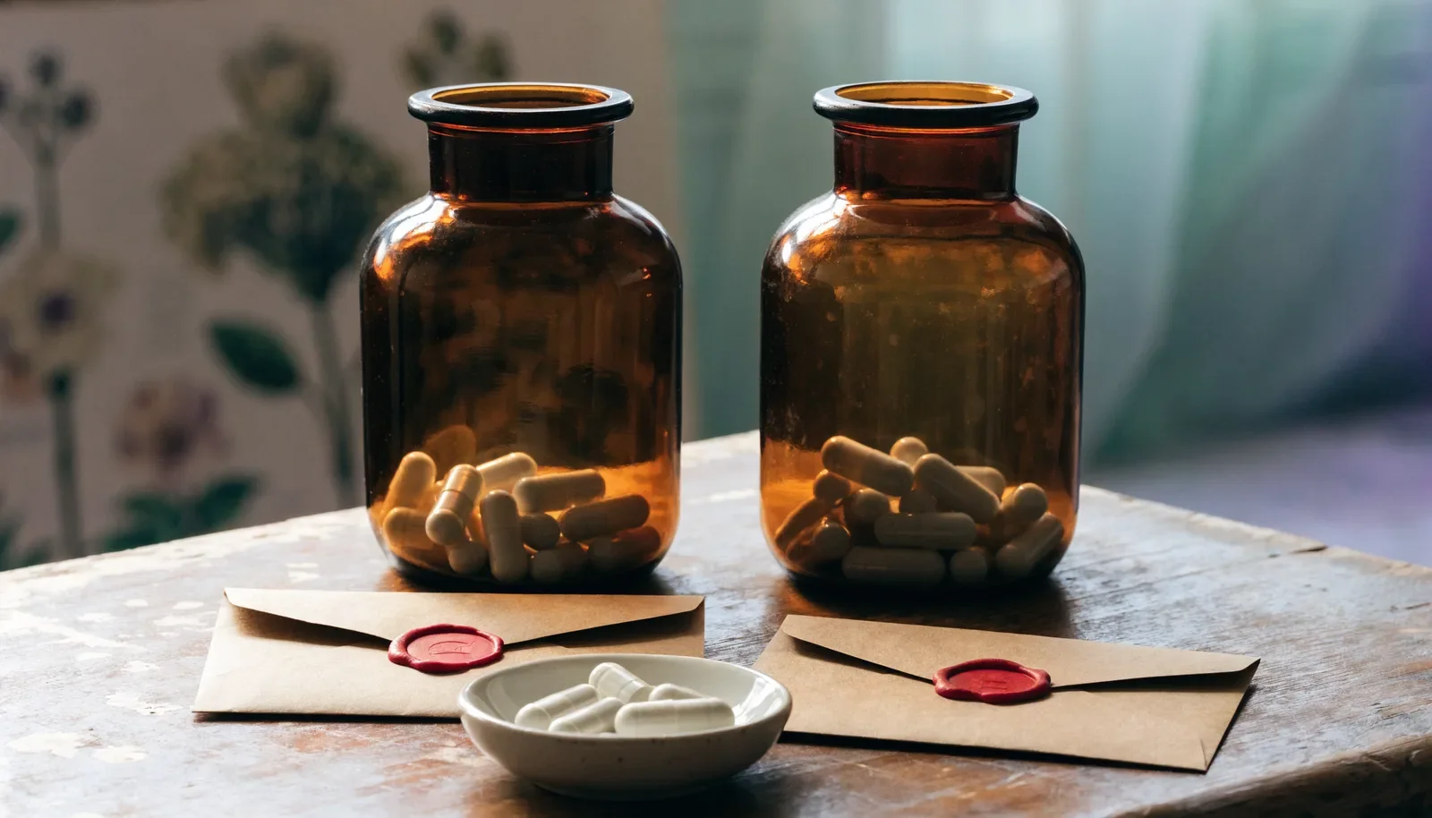 To ens glas med hvide kapsler og forseglede konvolutter der illustrerer blinding og placebokontrol i kliniske forsøg